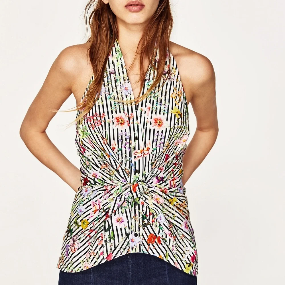 ZARA STRIPED AND FLORAL HALTER size S - Picture 1 of 7